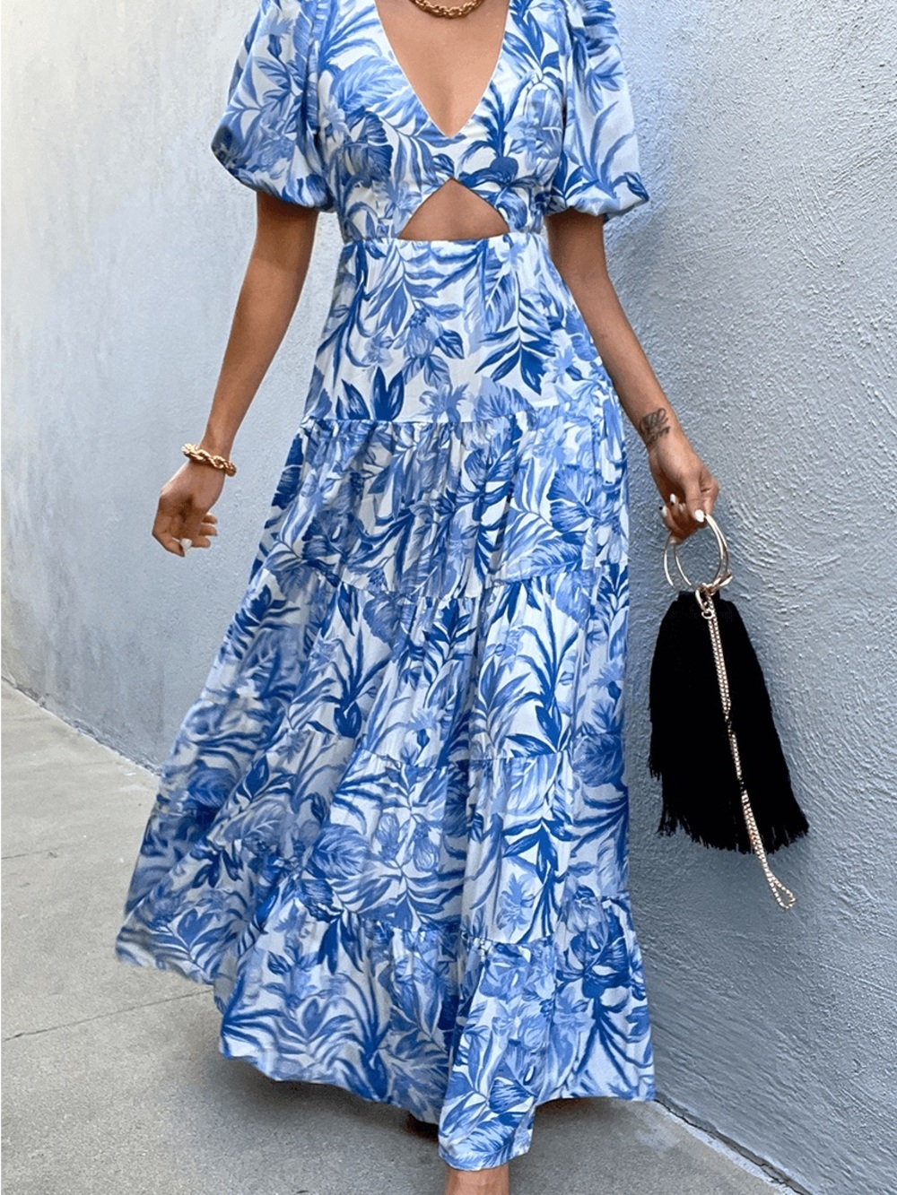 Blue Leaf-Print Maxi Dress with Keyhole and Puff Sleeves